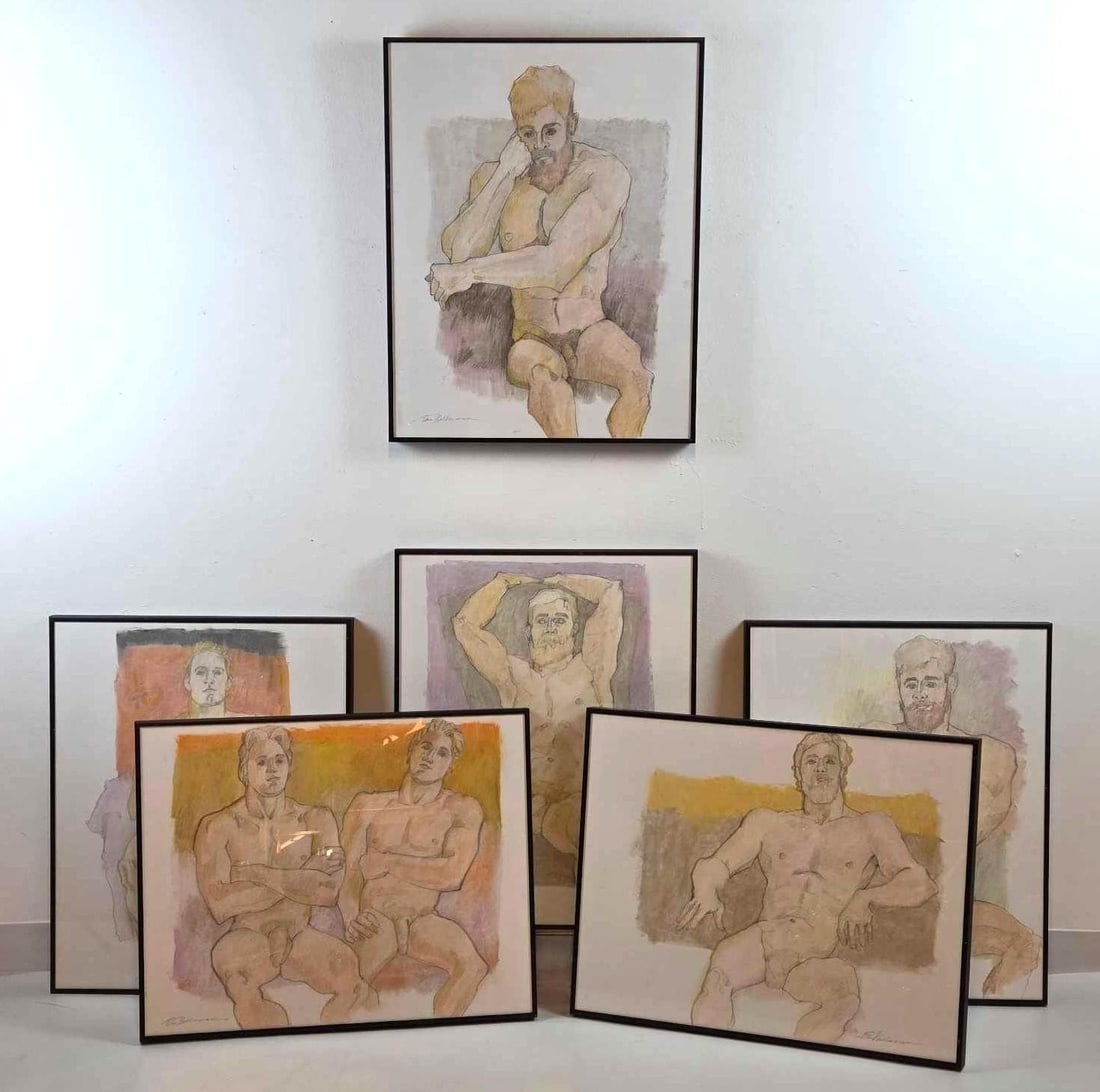 GROUP OF SIX ERIC BELLMANN SIGNED WORKS ON PAPER MALE NUDES: A group of six framed works on paper, featuring male nude figures in various seated and posed positions, rendered in a loose, sketch-like style using earthy tones. Largest Approximate Dimensions: 19.2