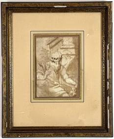 OLD MASTER STYLE INK AND WASH DRAWING OF A BEARDED MAN HOLDING A MASK