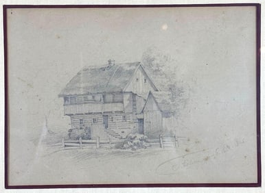 ANTIQUE FARMHOUSE GRAPHITE ETCHING