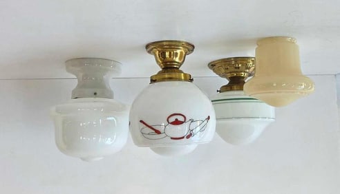 LOT OF THREE ANTIQUE MILK GLASS CEILING FIXTURES AND EXTRA GLOBE