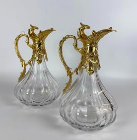 CRISTAL BENITO PAIR OF DORE BRONZE AND CRYSTAL FRENCH CLARETS/DECANTERS EWERS