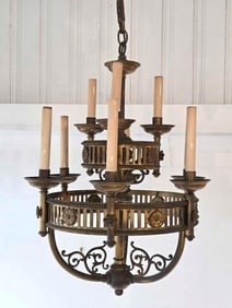 BRONZE AND BRASS NINE LIGHT CHANDELIER