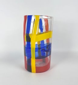 RARE JENNIFER BARTLETT ATTRIBUTED LARGE ART GLASS VASE VIBRANT MILLEFIORI STYLE RED BLUE YELLOW