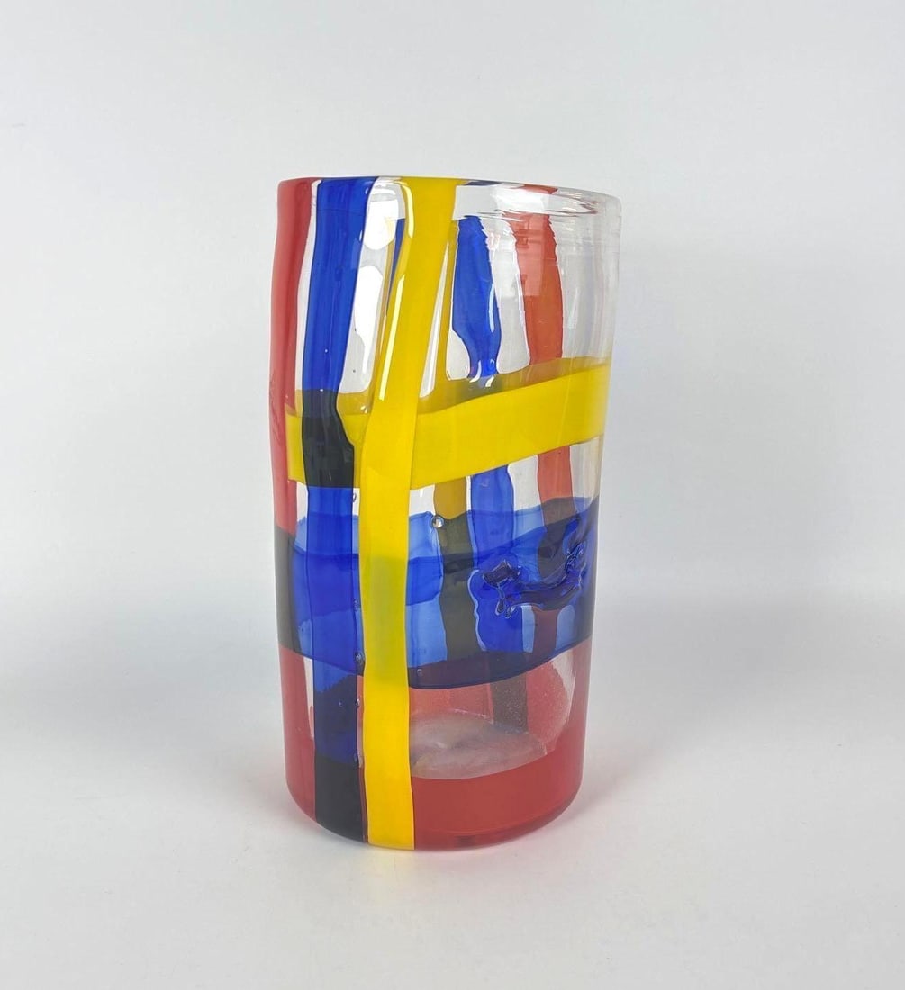 RARE JENNIFER BARTLETT ATTRIBUTED LARGE ART GLASS VASE VIBRANT MILLEFIORI STYLE RED BLUE YELLOW (1 of 7)