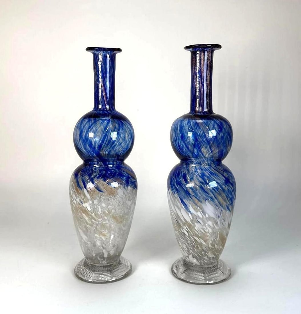 RARE PAIR OF BLUE MURANO AVENTURINA CALCEDONIO GOLD FLECK VASES - MID-CENTURY ITALIAN ART GLASS (1 of 7)