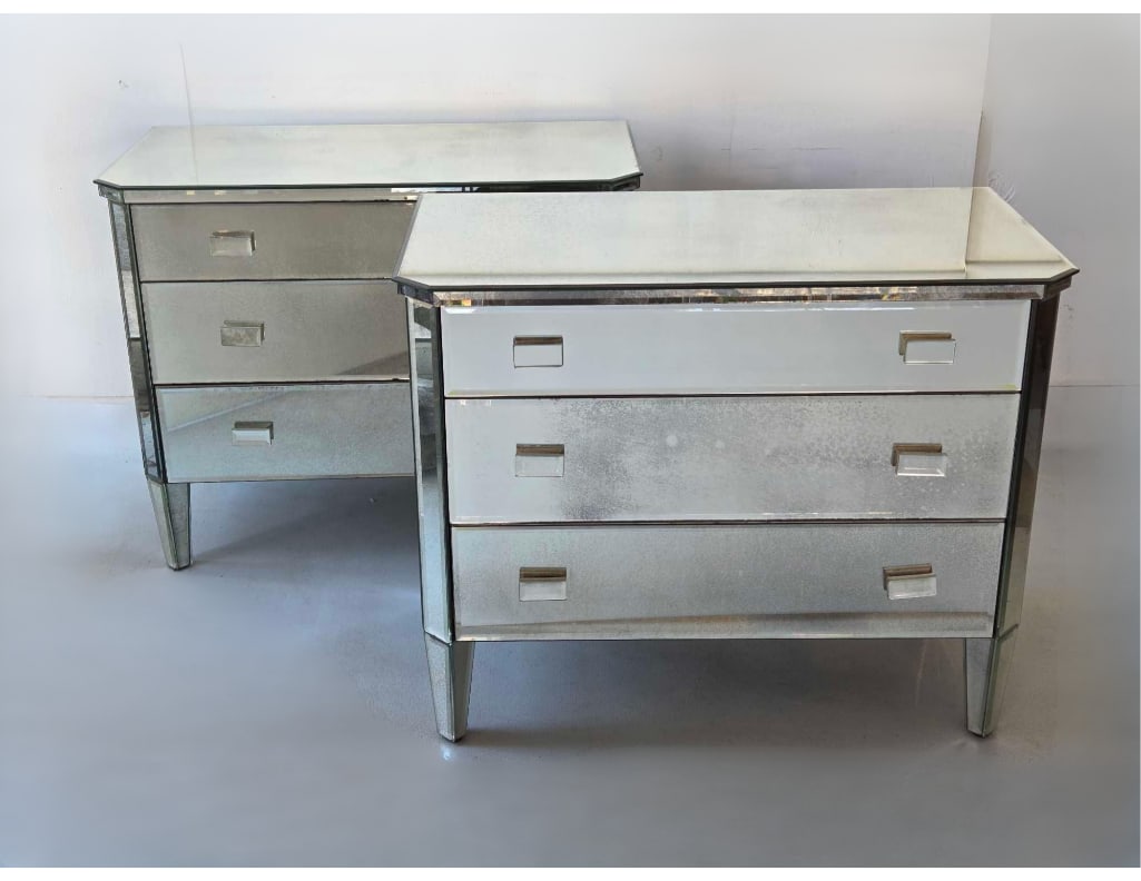 PAIR OF HOLLYWOOD REGENCY THREE DRAWER MIRRORED CHESTS (1 of 19)
