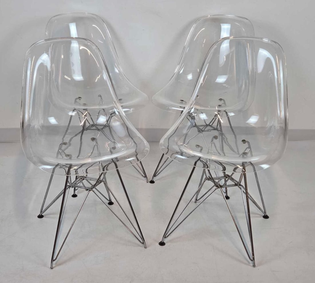 SET OF 4 VINTAGE GHOST STYLE CLEAR ACRYLIC DINING CHAIRS WITH CHROME EIFFEL BASES (1 of 15)