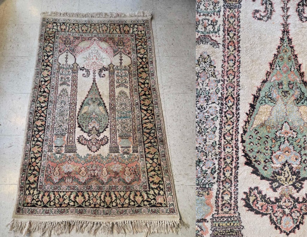 VINTAGE KASHMIRI SILK RUG TREE OF LIFE HAND-KNOTTED ORIENTAL PRAYER CARPET IVORY (1 of 14)