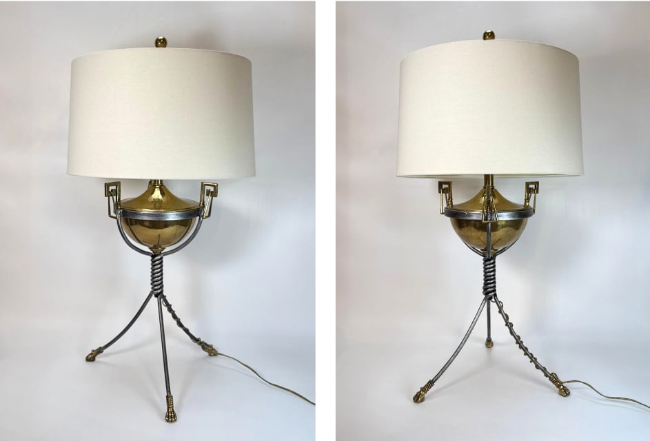IMPRESSIVE PAIR OF BRASS AND IRON BRUTALIST TRIPOD URN LAMPS (1 of 20)