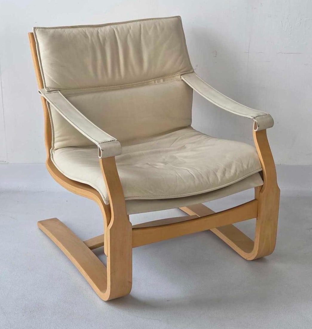 MID CENTURY MODERN BENTWOOD CREAM LEATHER LOUNGE CHAIR BY AKE FRIBYTTER FOR NELO (1 of 12)