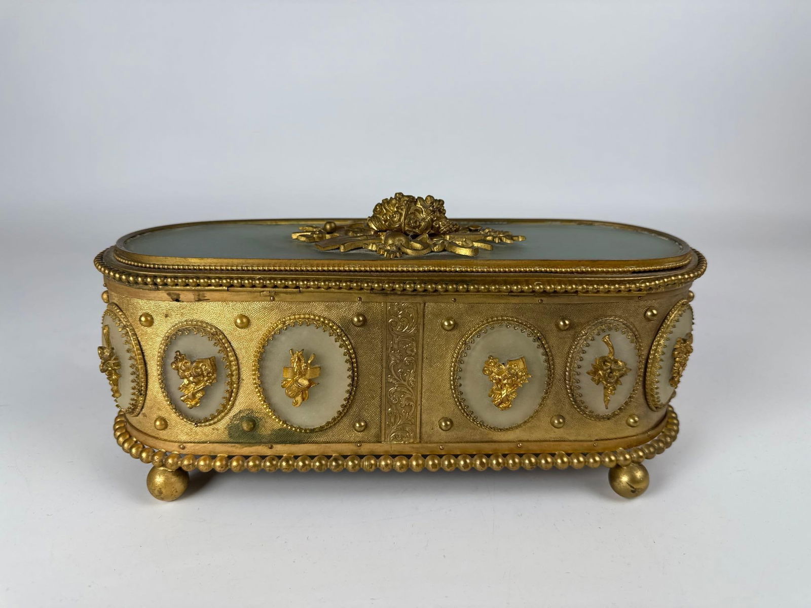 BRASS AND FROSTED GLASS NEOCLASSICAL JEWELRY CASKET VANITY BOX (1 of 8)