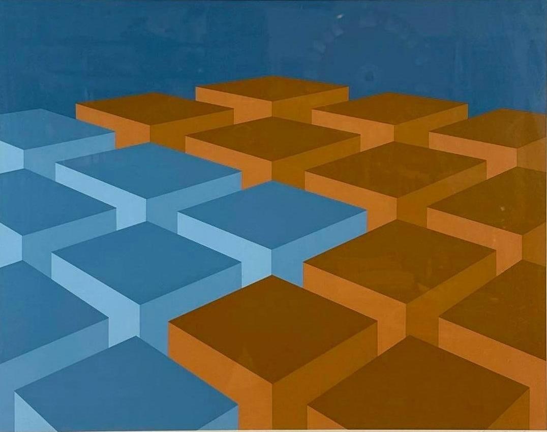 MARKO SPALATIN "CUBE FIELD" A/P, SIGNED: A framed, colorful op art serigraph, featuring a grid of three-dimensional, stepped cubes in alternating blue and orange color. Approximate Dimensions: 20”L x 25.5”W Artist: Marko Spalat