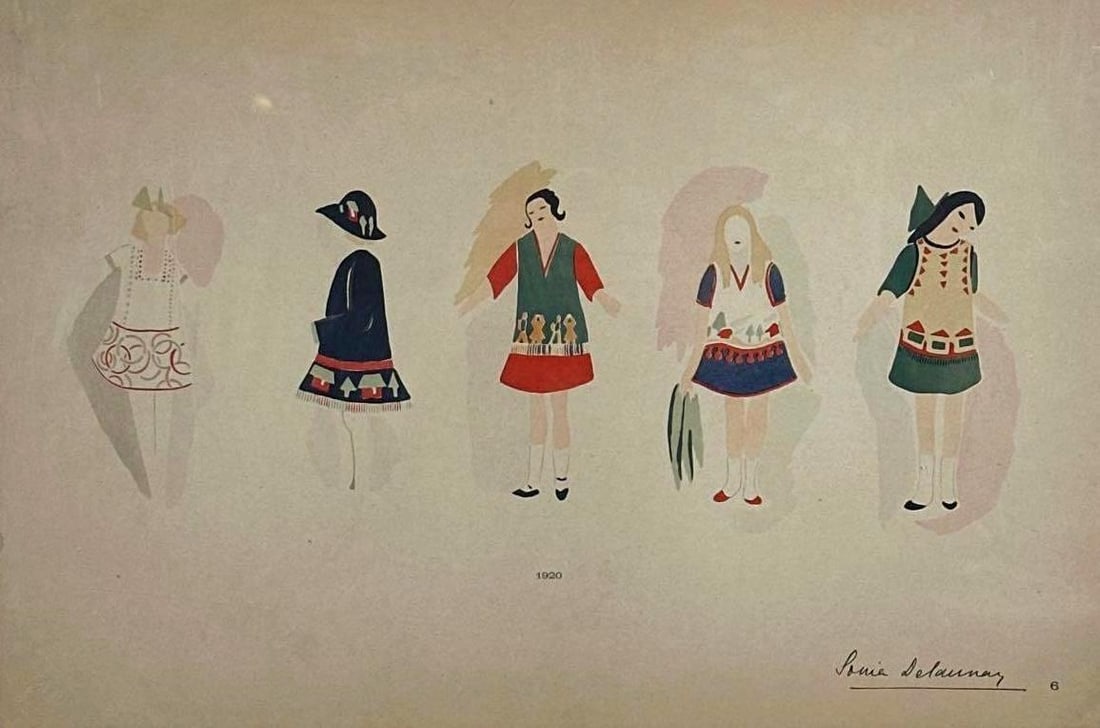 SONIA DELAUNAY POCHOIR FASHION ILLUSTRATION: A signed, color pochoir print depicting five female fashion figures with the year "1920" printed at the bottom. Approximate Dimensions: 15”L x 22”W Artist: Sonia Delaunay Proven