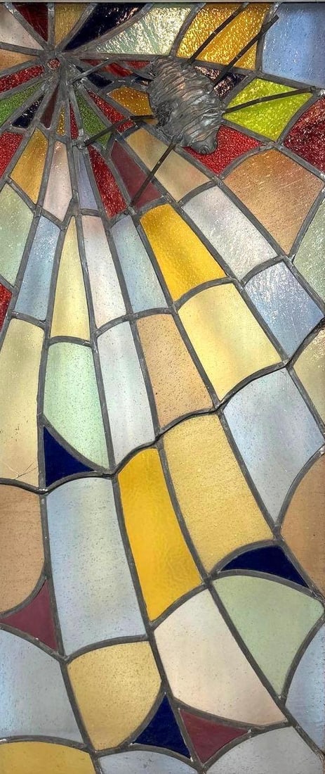 STAINED GLASS SPIDER WEB PANEL ABSTRACT ART GLASS: *Contemporary Stained Art Glass Panel Featuring Spider & Web Design. Dimensions: 43” x 23” Maker: Unknown Provenance: A New York Collector Notes: Although care is taken to phot