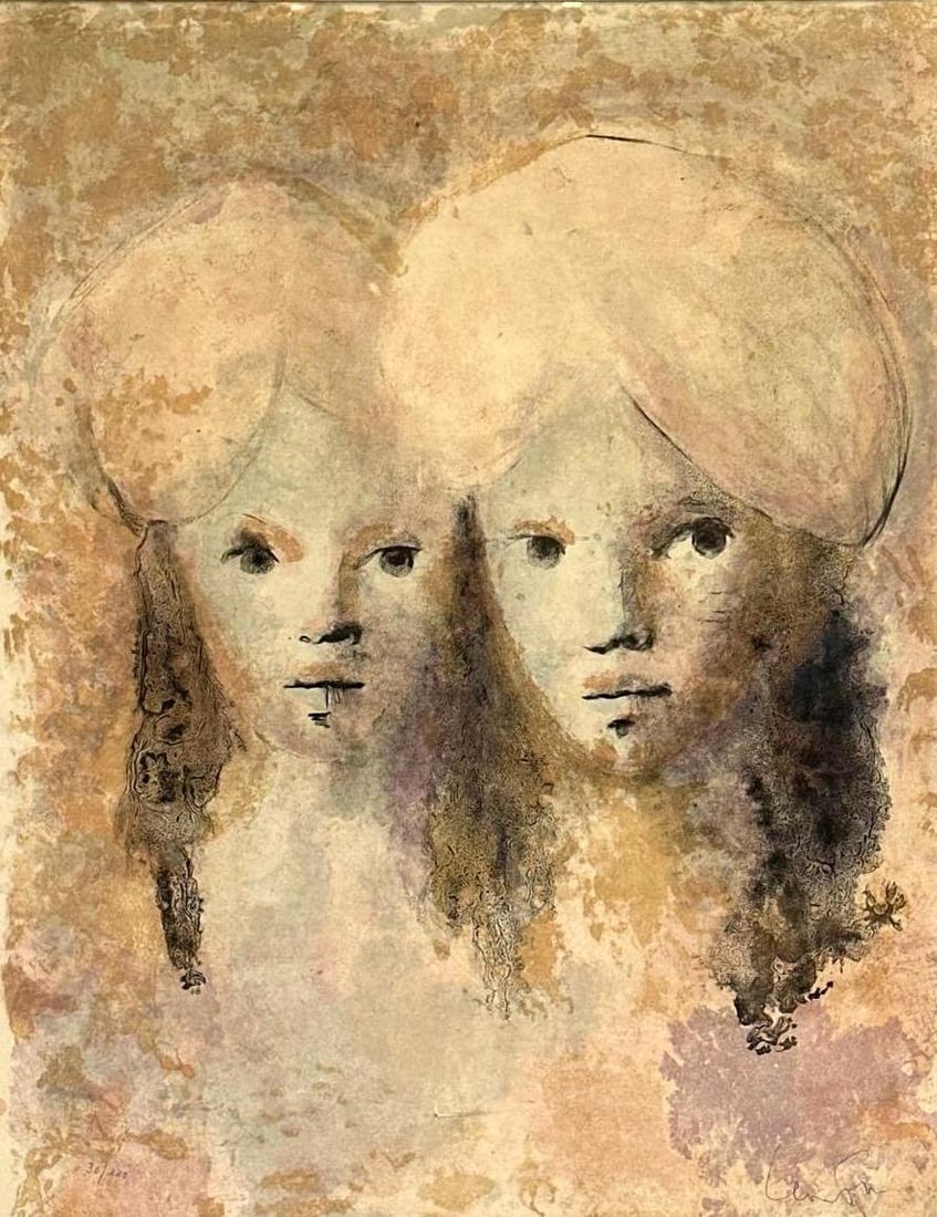 LEONOR FINI SERIGRAPH PENCIL SIGNED 30/11: *A pencil-signed serigraph by Surrealist Leonor Fini (30/110) featuring two female faces in distinct turbans, rendered in a muted, textured palette. Dimensions: