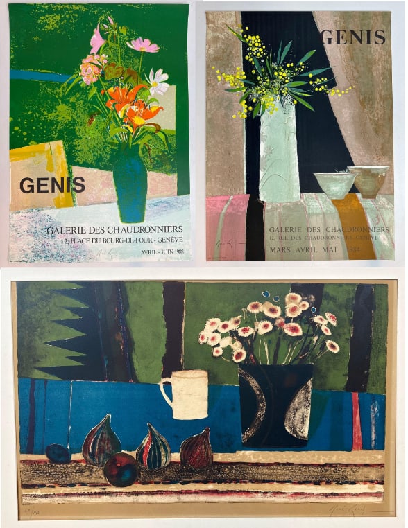 RENE GENIS SIGNED LIMITED EDITION LITHOGRAPH 69/100 WITH PAIR OF PENCIL-SIGNED GALERIE DES CHAUDRONN: *René Genis Signed Limited Edition Lithograph of a Still Life (69/100) Accompanied by a Pair of Pencil-Signed Vintage Genève Exhibition Posters. Dimensions: Largest OA Dimensions: 22”L x 32&r