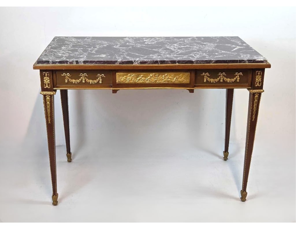 A FINE LOUIS XVI STYLE MAHOGANY ROUGE MARBLE TOP ORMOLU MOUNTED BUREAU PLAT (DESK) (1 of 17)