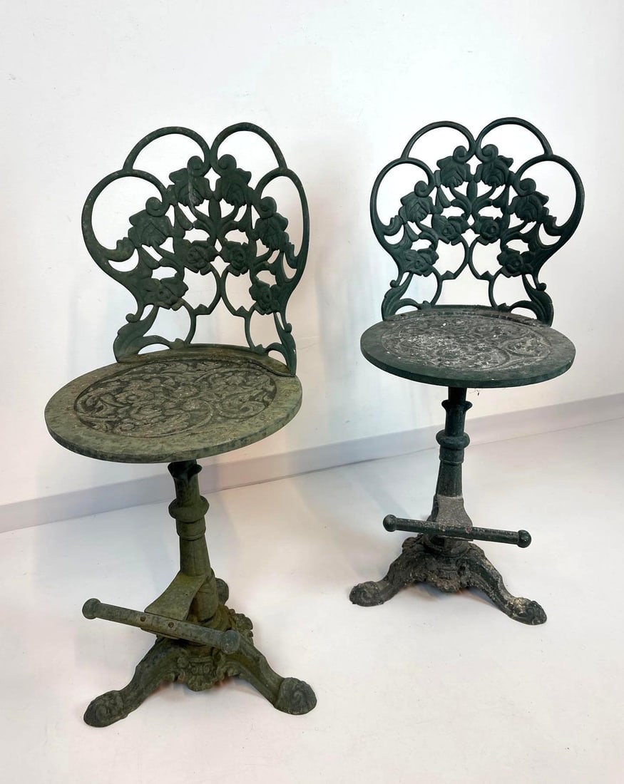 PAIR OF VICTORIAN STYLE COUNTER HEIGHT CAST IRON GARDEN CHAIRS (1 of 6)