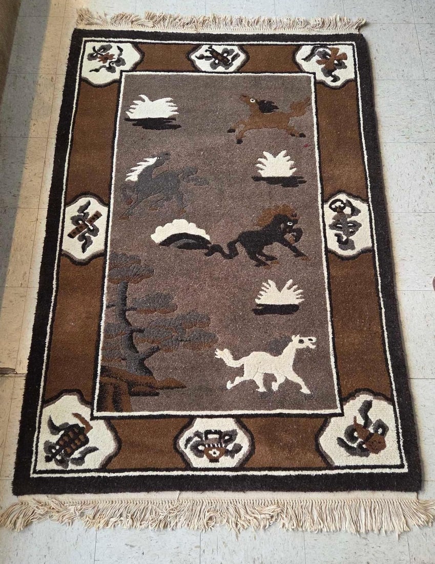 VINTAGE CHINESE WOOL RUG HORSE MOTIF PICTORIAL ART DECO SCATTER CARPET BROWN (1 of 14)