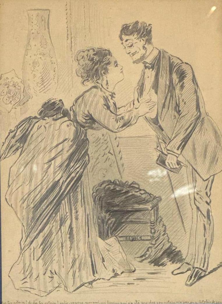 19TH CENTURY GRAPHITE DRAWING OF COUPLE FRENCH: This is an antique French framed pencil and graphite drawing depicting a scene between a man and a woman in period dress, with an inscription below. Dimensions: 9.5”h x 7”w Artist: Unkno