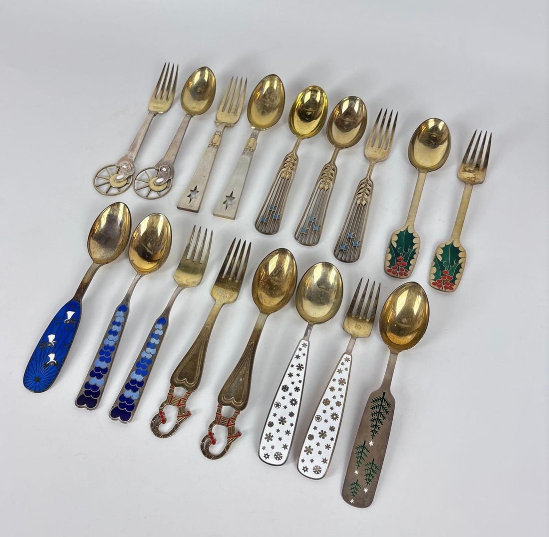 DANISH STERLING ENAMEL CHRISTMAS FORK AND SPOON SETS ANTON MICHELSEN (1 of 9)