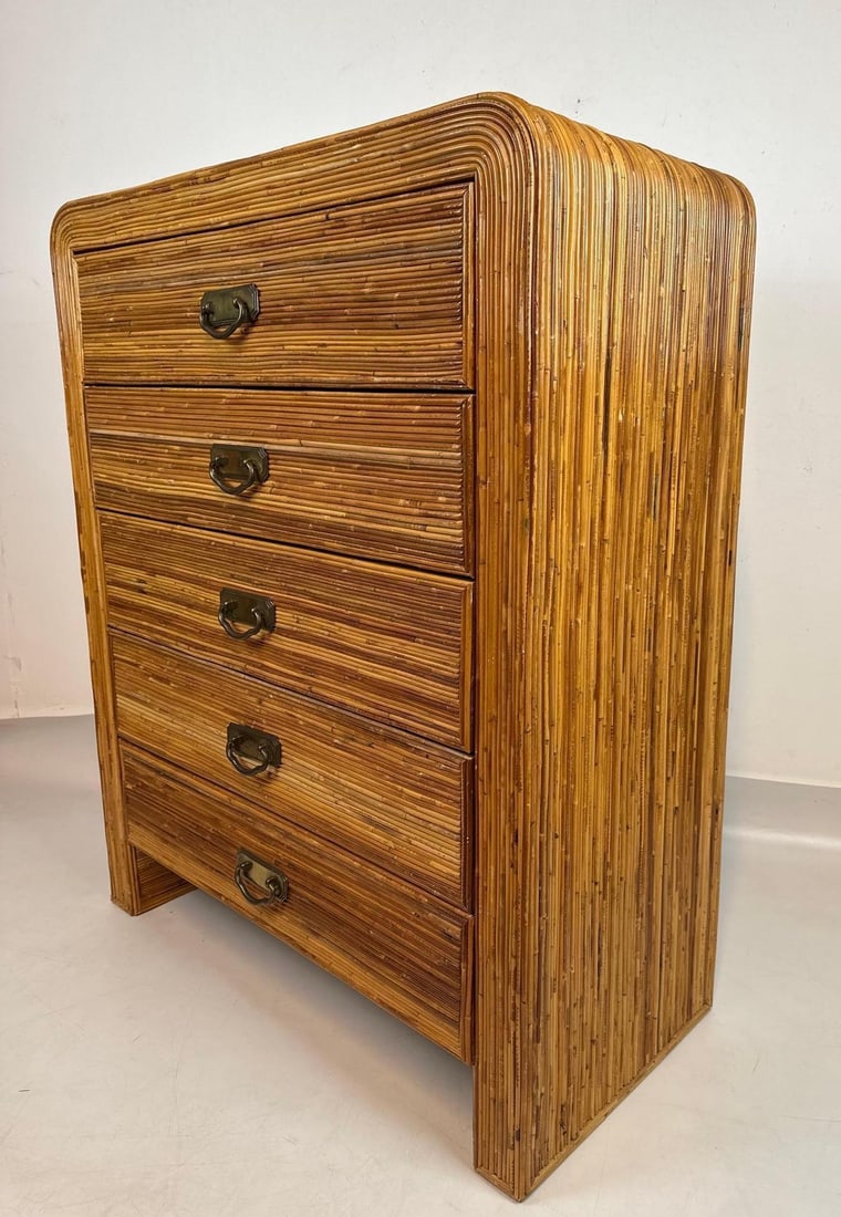 VINTAGE HOLLYWOOD REGENCY GABRIELLA CRESPI STYLE PENCIL REED HIGHBOY CHEST (1 of 9)