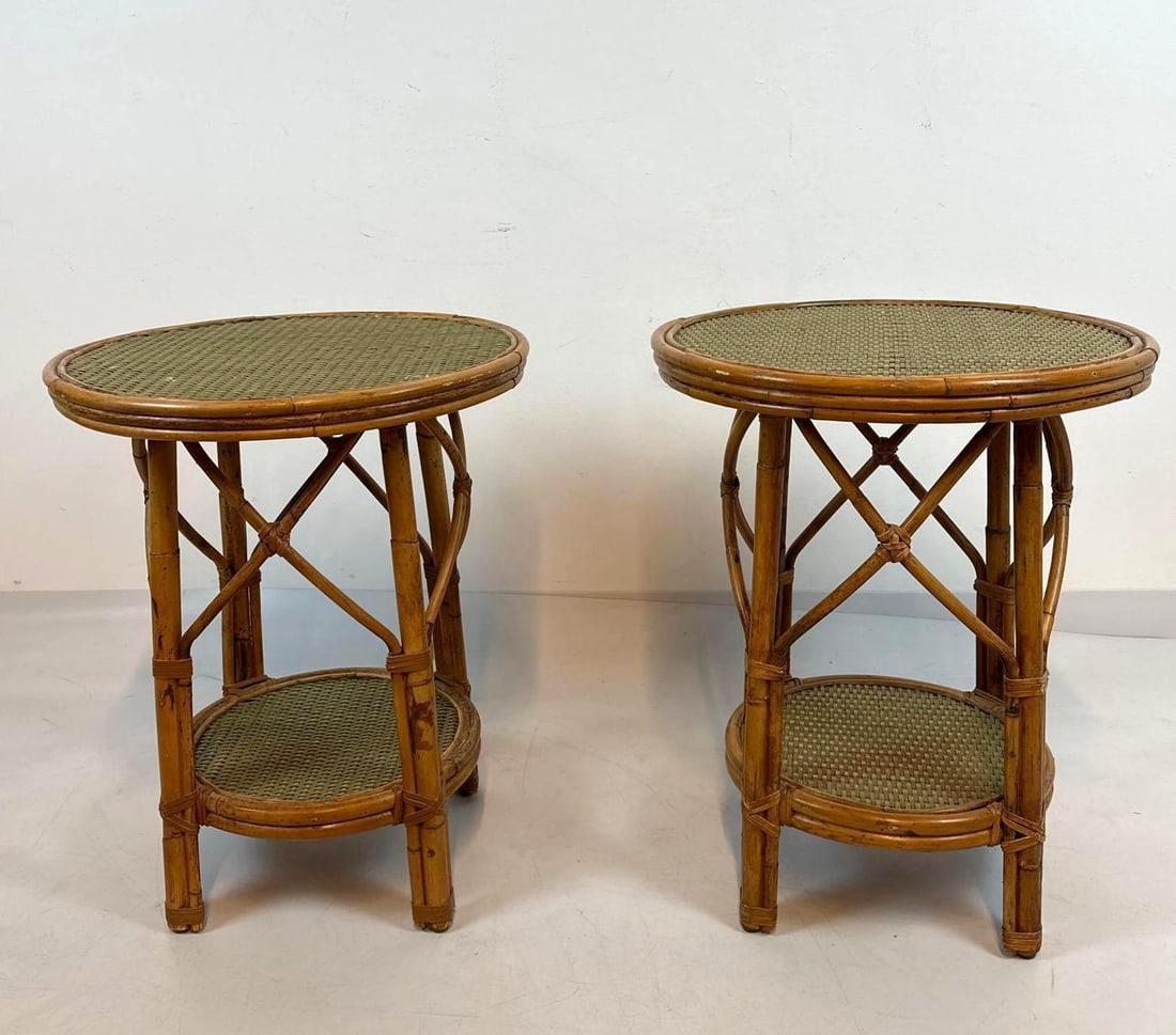 PAIR OF VINTAGE TROPICAL BAMBOO AND WOVEN RATTAN ROUND SIDE TABLES (1 of 9)