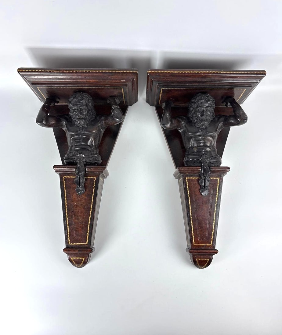 UNIQUE MAITLAND SMITH ATTR. BRONZE & LEATHER  ATLAS WALL BRACKETS (1 of 13)
