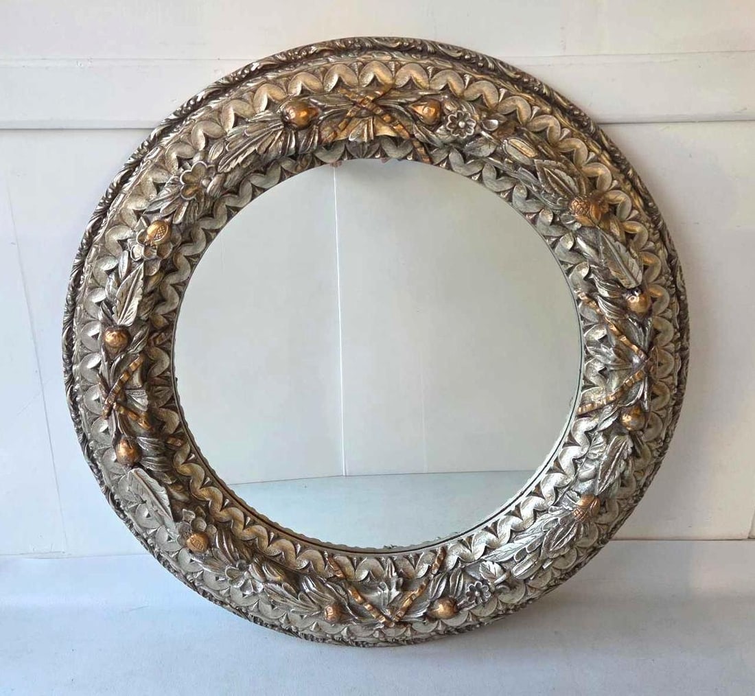 LARGE SILVER GILT CARVED CIRCULAR MIRROR (1 of 10)
