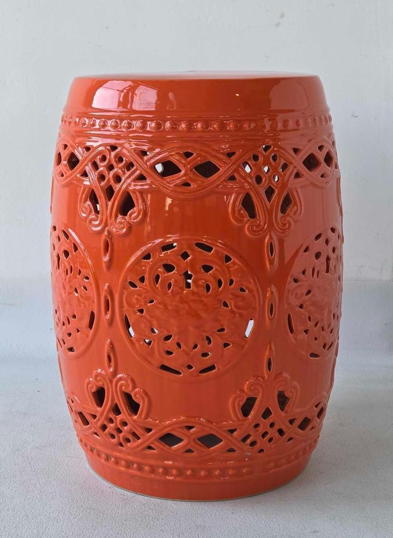 ORANGE GLAZED PORCELAIN ASIAN GARDEN SEAT (1 of 10)