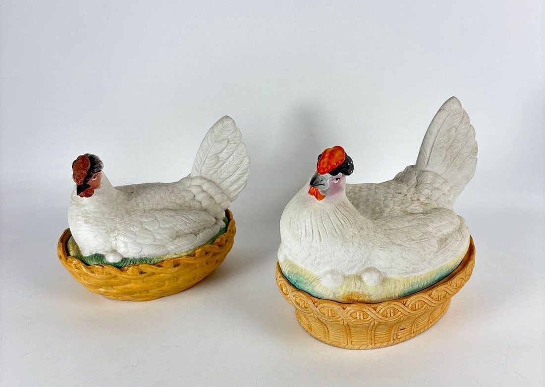 PAIR OF STAFFORDSHIRE BISQUE PORCELAIN HEN ON NEST COVERED DISHES (1 of 7)