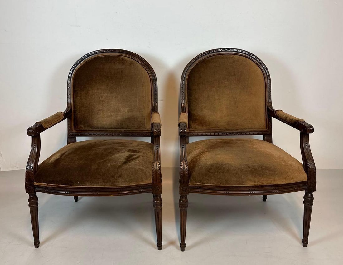 PAIR OF LOUIS XV STYLE CARVED WOOD VELVET ARMCHAIRS (1 of 10)