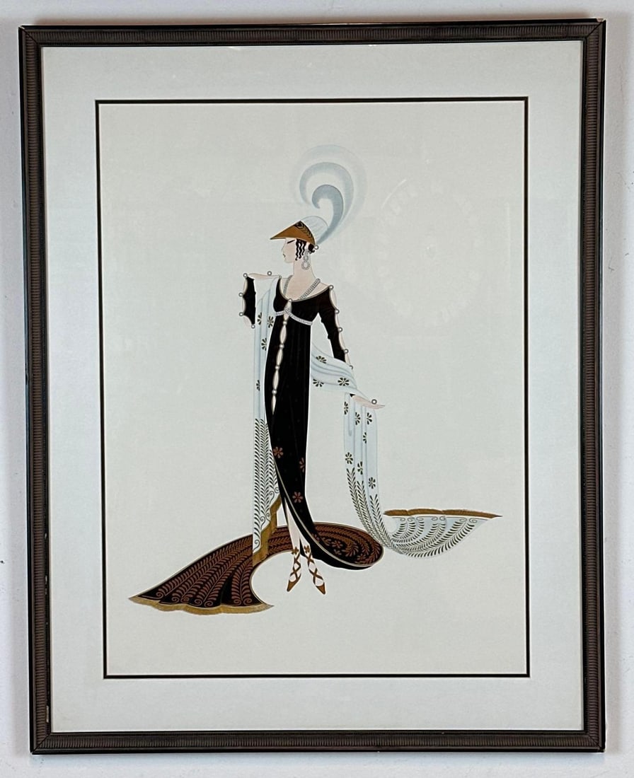 ROMAIN DE TIRTOFF (ERTÉ) FRAMED ART DECO POSTER/PRINT: This framed print, in the style of the artist Erté (Romain de Tirtoff), depicts an Art Deco figure, Approximate Dimensions: 31” x 23” ;Frame: 38” Artist or Maker: After Erte Provena
