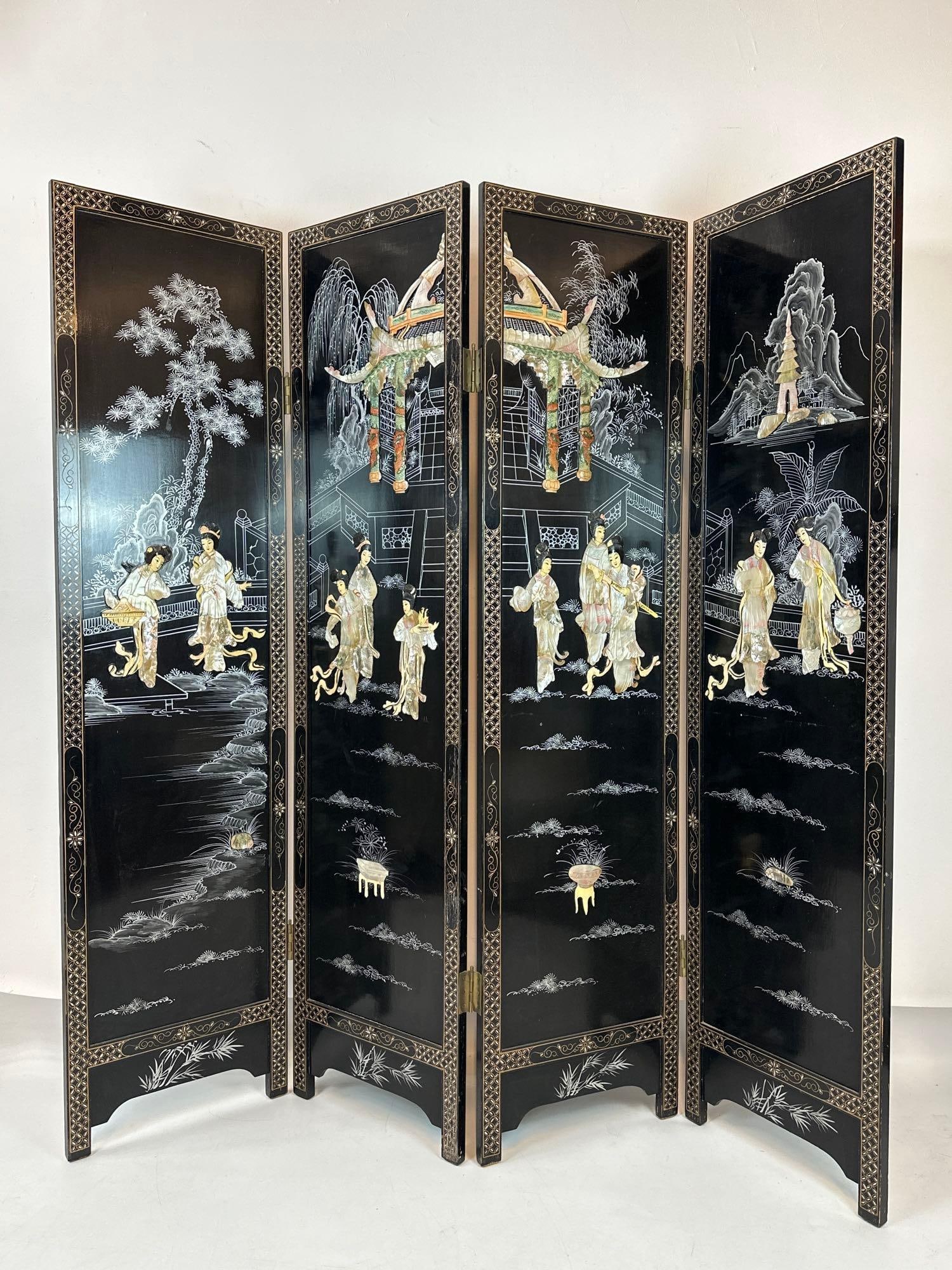 ANTIQUE CHINESE BLACK LACQUER FOLDING SCREEN WITH MOTHER-OF-PEARL INLAY (1 of 9)