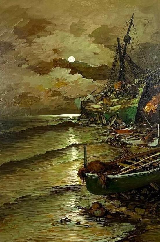 VINTAGE NAUTICAL OIL PAINTING OF SHIPWRECKS IN HARBOR SIGNED (1 of 8)