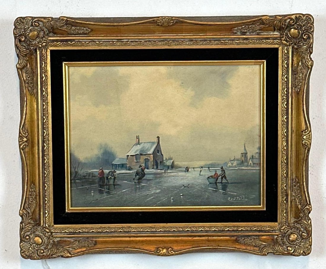 SIGNED 19TH/20TH CENTURY DUTCH WINTER SKATING SCENE PAINTING ON BOARD (1 of 7)
