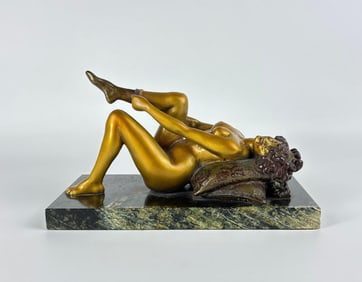 LOUIS CHALON VIENNA BRONZE RECUMBENT FEMALE NUDE ON MARBLE SIGNED