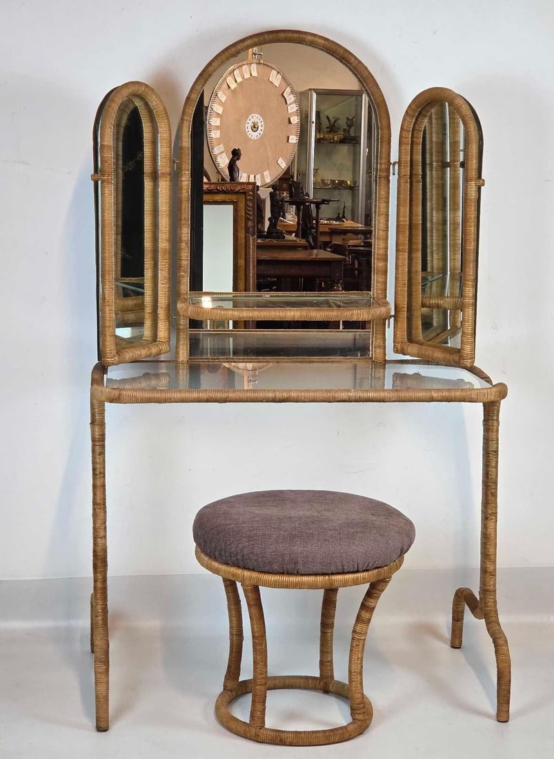 VINTAGE DAVID MORGAN RATTAN TRIPLE MIRROR VANITY AND BENCH (1 of 15)