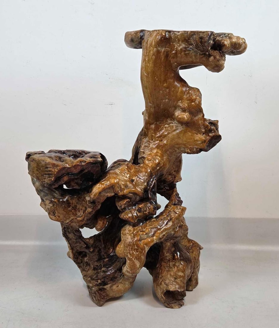 BURLWOOD PLANT STAND | VINTAGE BURL WOOD ROOT SCULPTURAL PLANT STAND DISPLAY TABLE (1 of 13)
