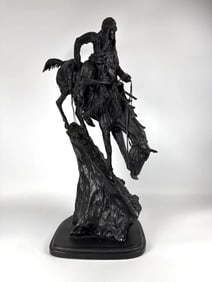 LARGE BRONZE EQUESTRIAN SCULPTURE AFTER REMINGTON THE MOUNTAIN MAN 29 INCHES