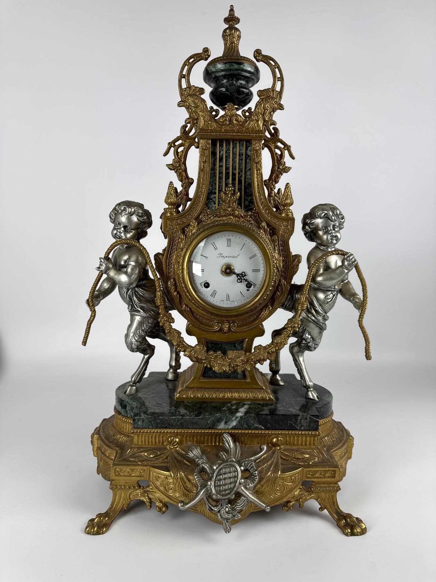 ANTIQUE FRENCH STYLE BRONZE ORMOLU MARBLE GARNITURE MANTEL CLOCK CHERUB FIGURAL IMPERIAL (1 of 13)