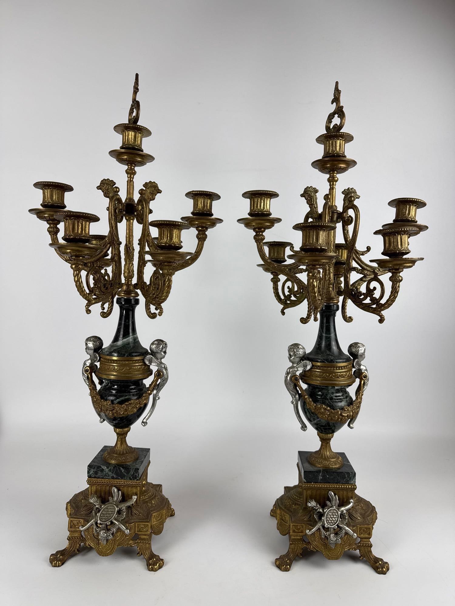 PAIR BRONZE ORMOLU MARBLE FIGURAL CANDELABRA FROM GARNITURE SET W/ CHERUBUM PUTTI (1 of 9)