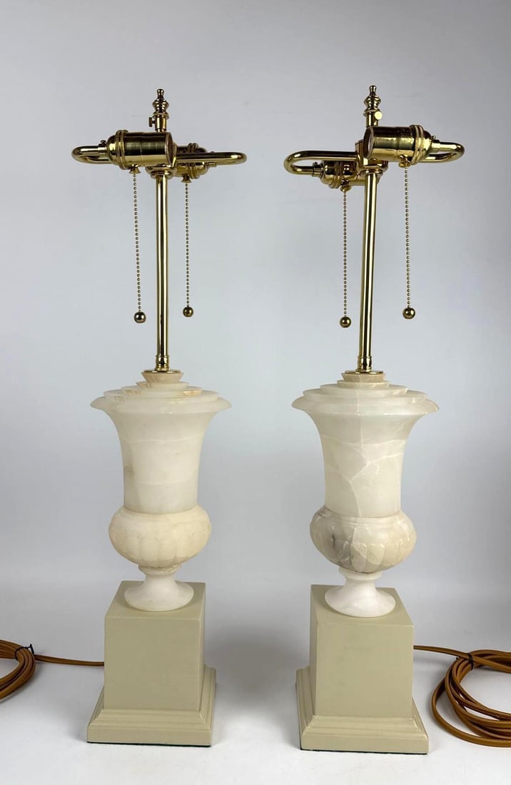 PAIR OF VINTAGE ITALIAN CARVED ALABASTER TABLE LAMPS ON WOODEN BASES (1 of 8)