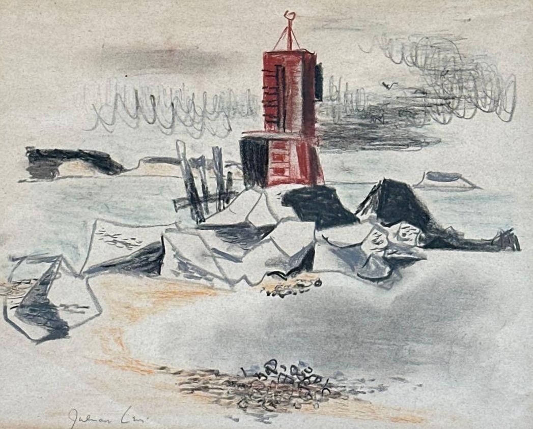 JULIAN LEVI "THREE MILE HARBOR" MIXED MEDIA ON PAPER, 1950: This post-war coastal landscape, rendered in charcoal and pastel on paper, depicts the waterfront of Three Mile Harbor in East Hampton. Approximate Dimensions: 12" x 10"; frame - 17” x 1