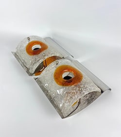 PAIR OF MAZZEGA MURANO ORANGE TO CLEAR GLASS AND CHROME SCONCES 1970'S