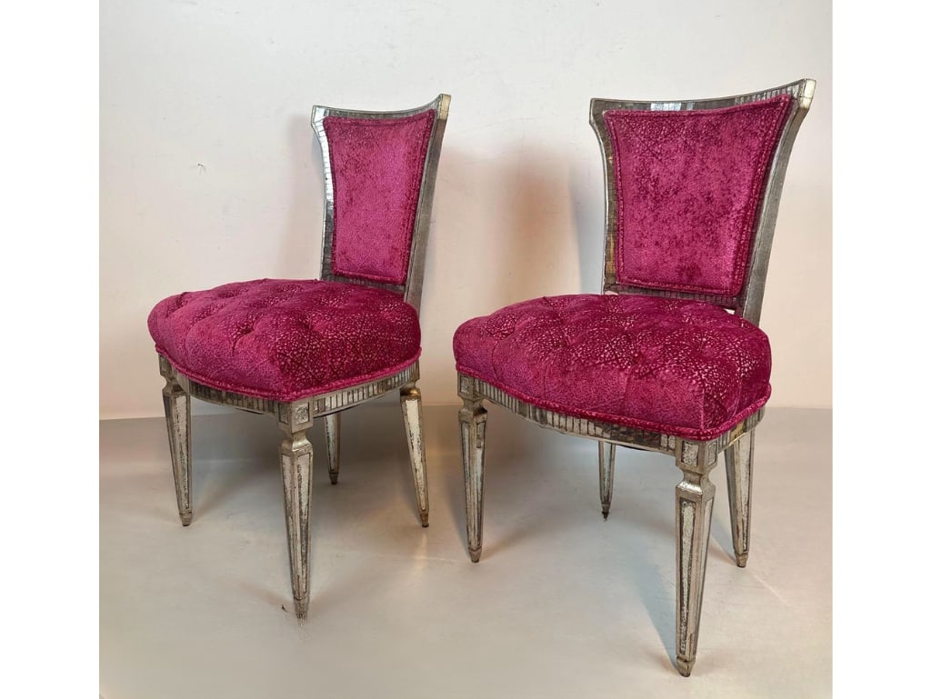 PAIR OF VINTAGE VENETIAN STYLE MIRRORED AND TUFTED VELVET SIDE CHAIRS (1 of 9)