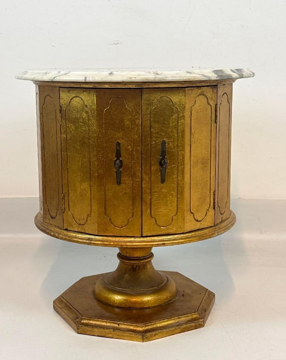 VINTAGE HOLLYWOOD REGENCY GILTWOOD AND MARBLE TOP PEDESTAL CABINET (1 of 8)