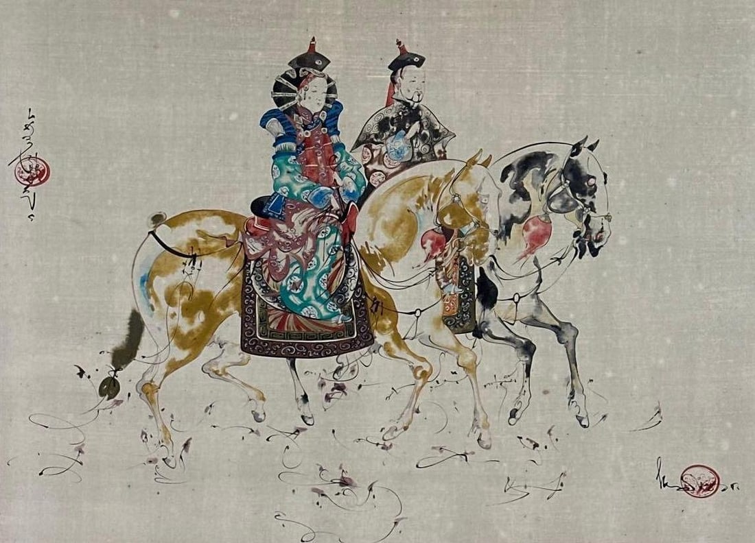 TSOLMON DAMBA ATTR. MONGOLIAN SILK PAINTING - MAN & WOMAN ON HORSES: Detailed ink and watercolor depiction of a man and woman in traditional Mongolian attire on horseback, rendered on a textile silk ground with artist signatures and red seals. Approximate Dimensions: