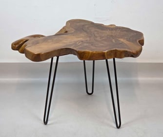 VINTAGE MID-CENTURY MODERN LIVE EDGE SLAB SIDE TABLE ON IRON HAIRPIN LEGS