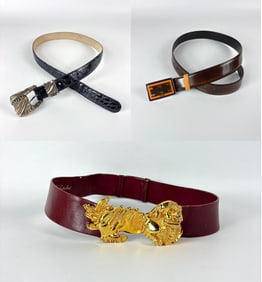 DESIGNER LEATHER BELT LOT INCLUDES PRADA JUDITH LEIBER ESCADA W/ ANDY VALDEZ STERLING BUCKLE
